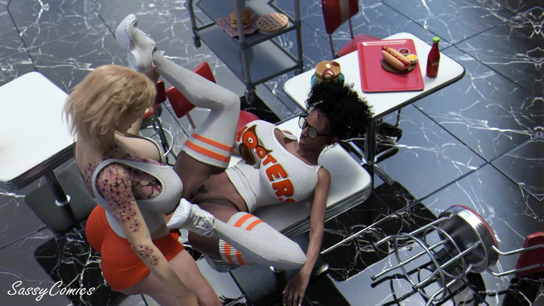 Sassy Comics Trans: Nowa hooters girl anal fucked na stole w restauracji przez...
