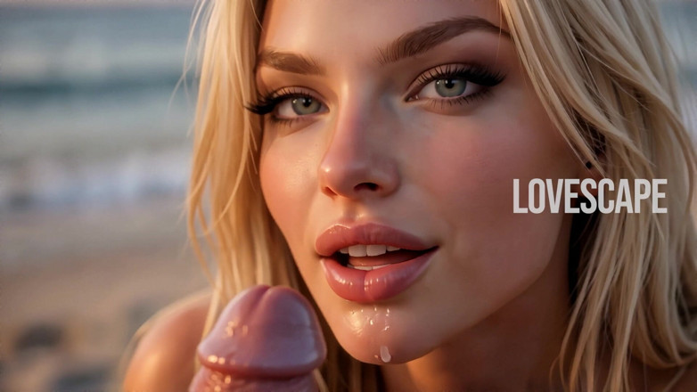 Lovescape: Блондинка сосет член на пляже (ai)