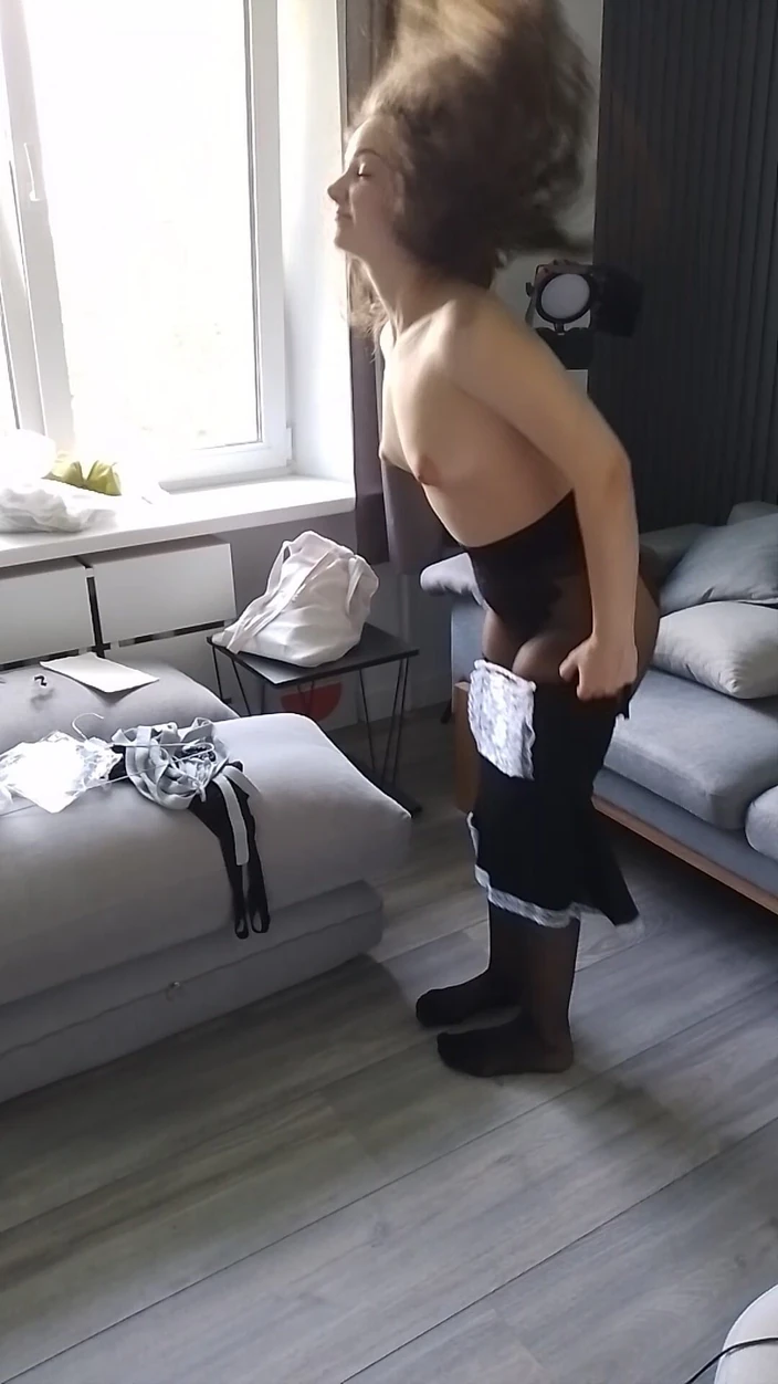 Pantyhose me porn videos: Purr Putting Black French Cut Pantyhose and Maid Uniform