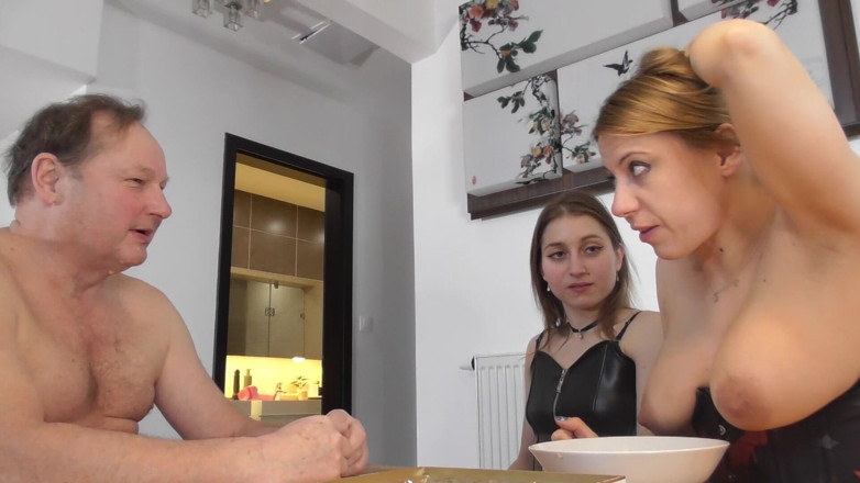 Dirty male dom, femdom, spanking and pegging vids: Disgusting Slave Eats Spitted Food by Two Gorgeous Mistresses