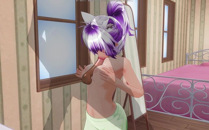 H3DC: 3D Hentai-vriendin in groene pyjama wrijft pik met borsten en...