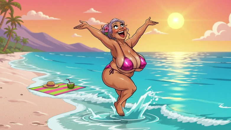 Huge Boobs: Prsatá babička Tease na pláži s obrovskými prsy - nový ai...