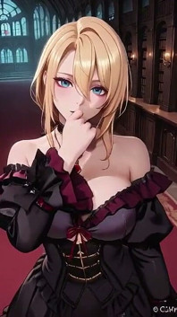 Blonde in a Black Gown Swaying on Red Velvet, Candlelight Gaze and Fan Teasing the Collarbone