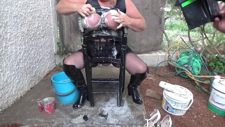 Julie Cunningham: Set021 Sitting on Bondage Chair Washing Muddy Tied up Tits