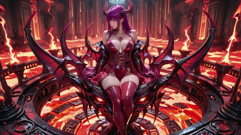 Seraphina Vale: 紫髪の魔女王!マグマの玉座での禁断の饗宴、赤黒の鎧が焼けつく肌にまとわりつく!
