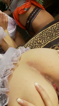 Busty Blonde Maid and Her Big Tits Friend Share Toys in a Lesbian Garden Session