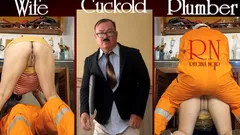 Housewife, Plumber and Cuckold Husband at the Kitchen. Full Video