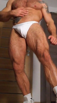 Hairy Muscle Man in Jockstrap and Sneakers Jerks off and Squirts Cum