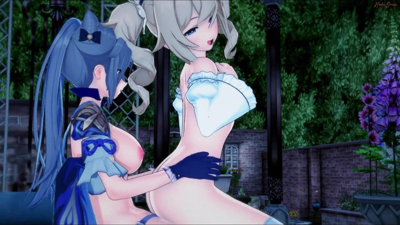 Hentai Smash: Симпатичную медсестру Барбару трахает Keqing дилдо со страпоном. Удар гэнсин лесбиянки хентай.