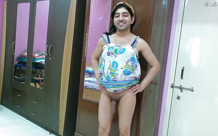 Cute & Nude Crossdresser: Hot sissy crossdresser femboy in beach dress and hairband.