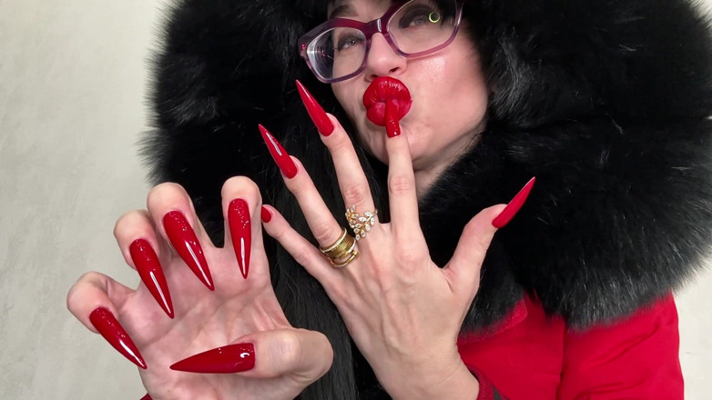 Julia domaina: Red Long Nails, Claws and Fur, Red Underwear, Stockings with...