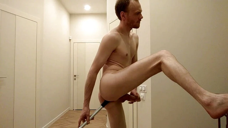Lana Tuls Production: Dirty naked guy-cleaner fucked himself with a mop and cumshot