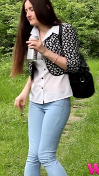 Diana Tries to Hold Her Pee Grabbing Her Crotch While She Is on a Walk Trough a Forest