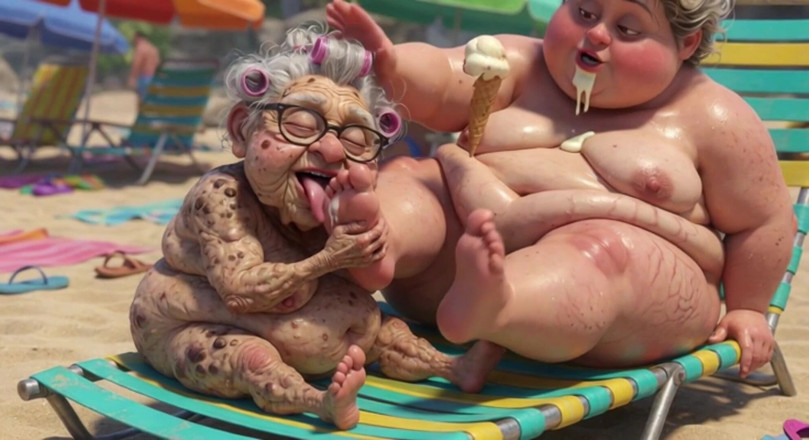 Anime Hentai: Nenek tua menghisap kaki montel dengan ghairah di pantai