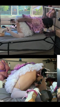 粉色缎娘娘腔女仆被她的性爱机器性交并玩弄她的成人玩具娃娃