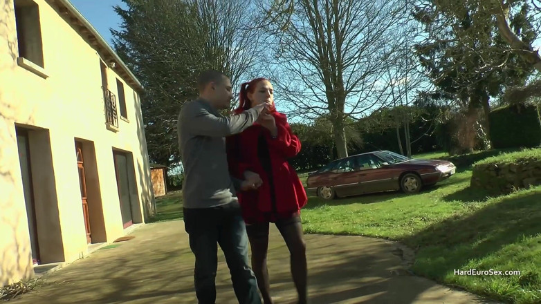 Hard Euro sex: Short skirt and stocking wearing redhead