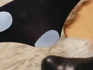 KimisWorld: Polka Dot Tights & Boot Tease in Black Minidress