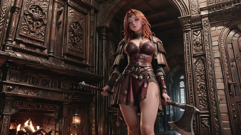 Seraphina Vale: Warrior berambut merah! Perisai kulit terharam mengusik terhadap latar belakang...
