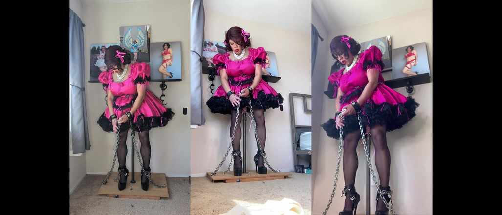 Sissy Candy: Pembantu rumah banci merah jambu Candy dikunci ke tangan dildonya...