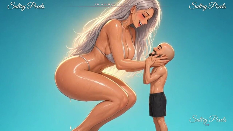 Sultry Pixels 3D: Giant Silver-haired Anime Babe Squats Down to Kiss Her Tiny...