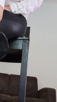 POV Shoejob in Black Stockings, Leather Pants and High Heel Mules on Cock Table - Dame Olga 4K (725)