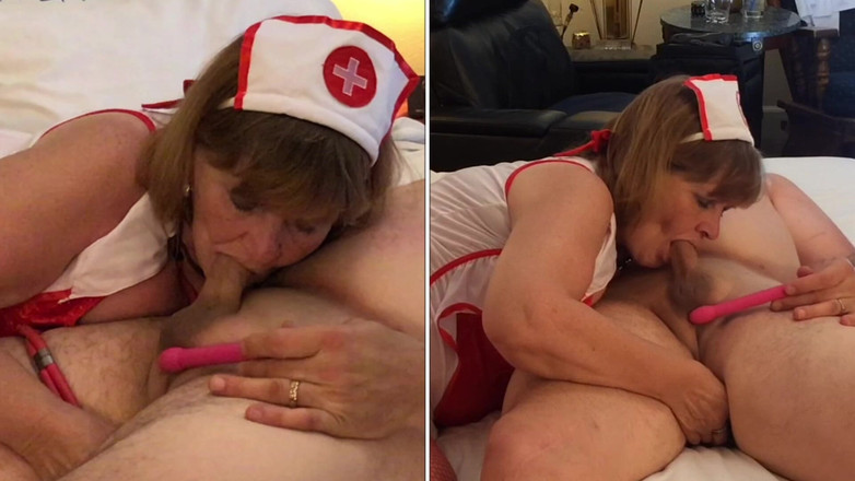 Carmen Angel: 奶奶护士：吮吸鸡巴和操假阳具