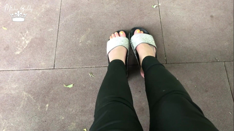 Goddess Misha Goldy: My new shiny slippers dangling everywere outdoor