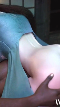 3D roztomilá asijská děvka má hardcore sex s velkým černým pérem