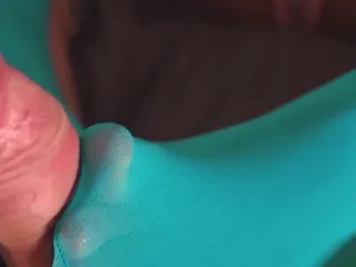 Sarah Small: Footjob in Blue Nylon Stockings - Cum on Her Feet