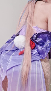 Tender Sangonomiya Kokomi with Bunny Ears and Latex Bodysuit Teases with Her Cute Ass in Fishnets