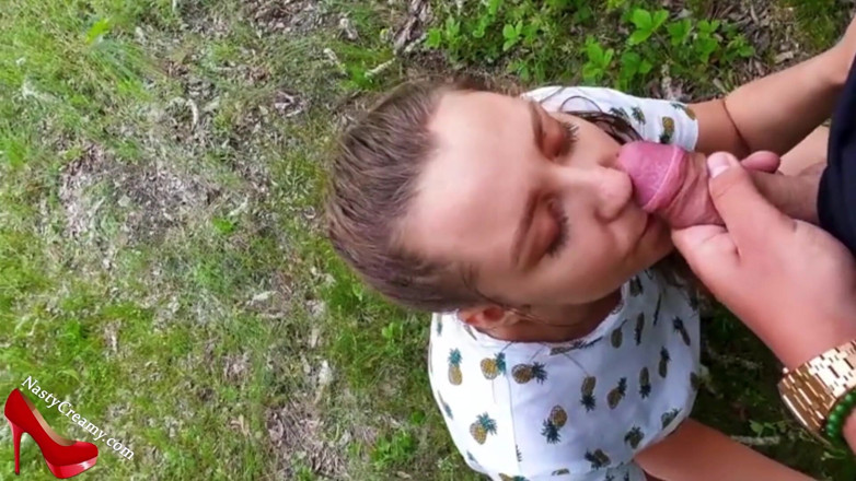 Nasty Creamy: Horny teen sucking dick stranger and oral creampie outside