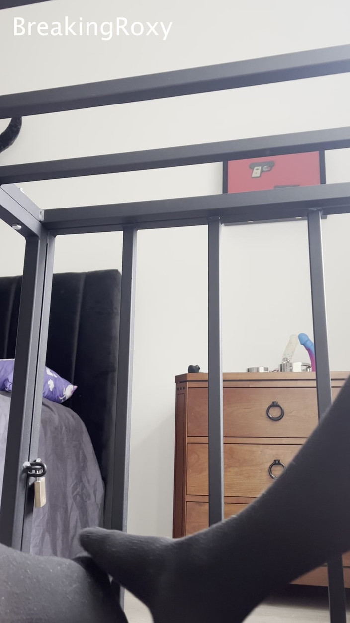 Roxy the Brat: Caged Slave Girl in Knee High Socks Rubs Feet Against...