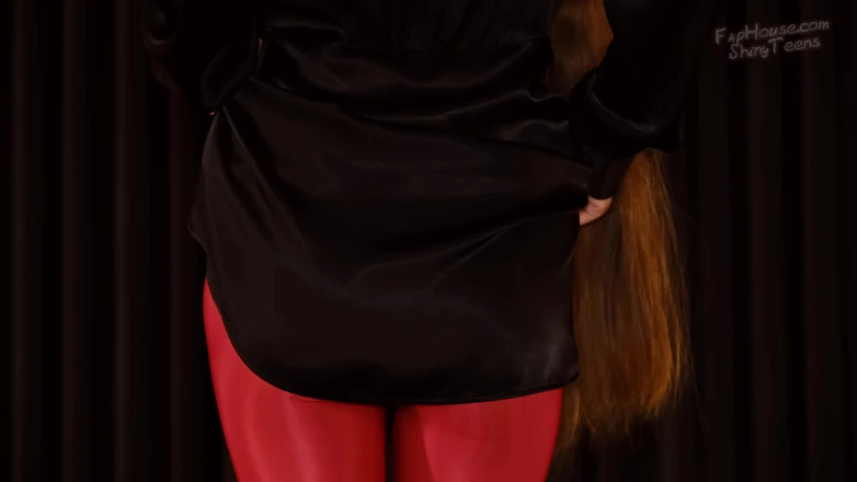 Shiny teens: 896 Shiny Red Pantyhose and Black Silk Dress
