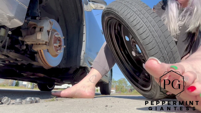 Peppermint Giantess: 67 Tall Amazon Goddess Changes Her Tire - Big Feet in...
