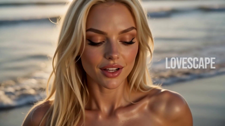 Lovescape: Cewek rambut pirang nyepong kontol di pantai (ai)