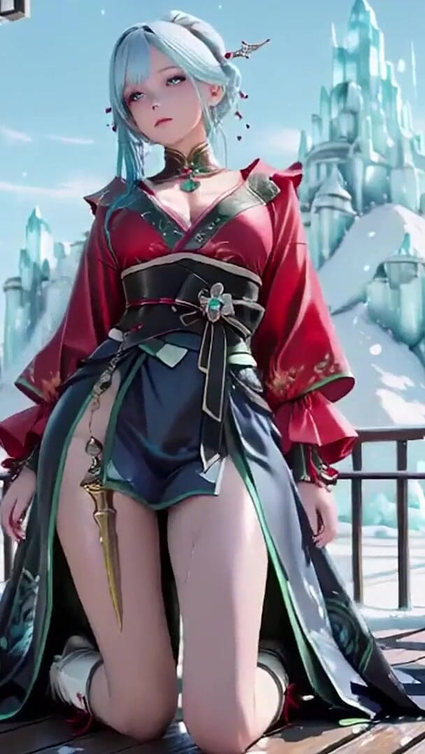 Seraphina Vale: Trono de gelo! Mage de cabelos prateados em vestido vermelho-verde...