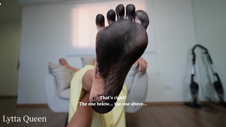 Queen Lytta ballbusting and cum lick: Lick Her Dirty Feet and Swallow His Cum After Lytta...