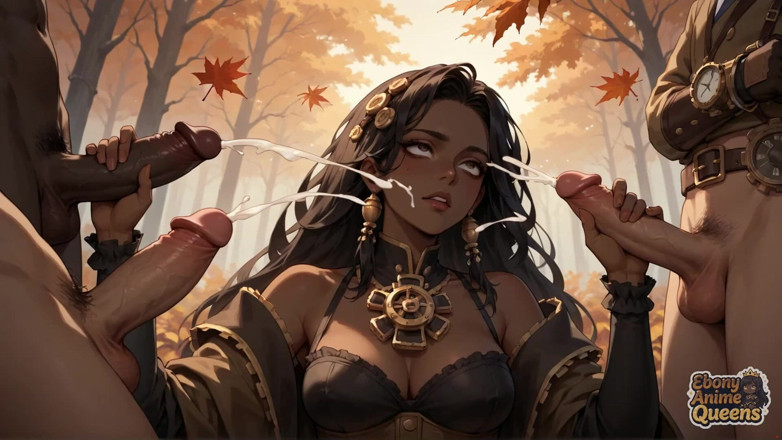 Ebony Anime Queens: 가을 숲에서 단정치 못한 어두운 색의 메가 걸레와 함께 오럴 쾌락을 즐기세요. 내 첫 후크업