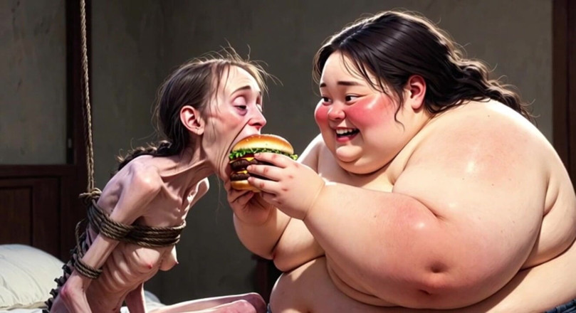 YOUR BEST FANTASY: Ragazza magra si nutre da una donna grassa enorme - contrasto...