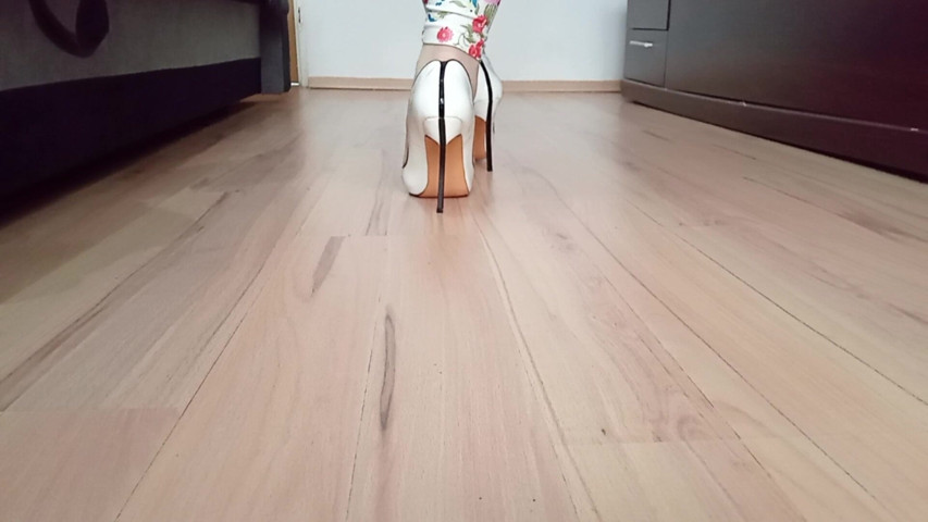 Crossdresser Walks in White Casadei Blade Pointed Toe High Heels Pumps (High Heels Kingdom)