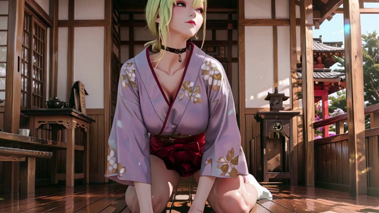 Seraphina Vale: Diosa rubia en el corredor japonés, miradas perezosas, mano en...