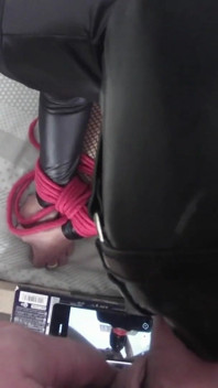 POV video of Laura tied up on her knees on high heels and fishnet pantyhose, fucked on her mouth with huge cumshot