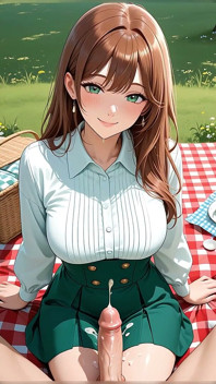 豊かな緑の草原でピクニックにいる美しいヌードの大きな胸の女性