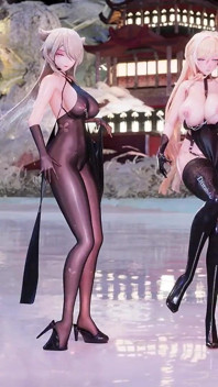 [mmd] Yolandel & Rita coklat krim double striptease hitam sutera pantyhose Puting besar puting susu rantai merah kasut tumit tinggi