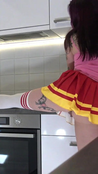 Hottest Redhead Big Tits Cheerleader in Mini Skirt and Over Knee Socks Flashes Her Tight Shaved Meaty Pussy and Naked Ass