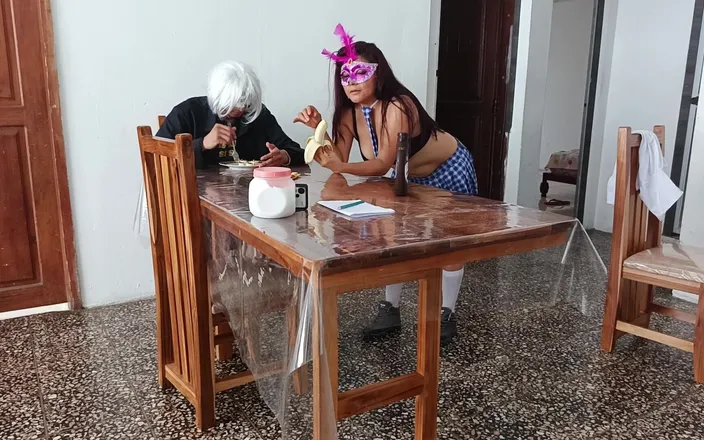 Goky: She Climbs on the Table and Opens Her Pussy!!