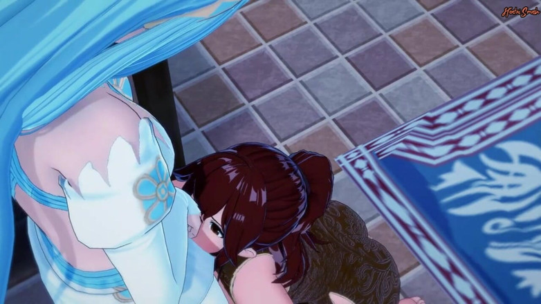 Hentai Smash: Azura reitet den strapon des händlermädchens Anna, bis sie zum...