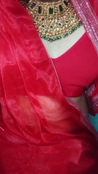 Indian Gay Crossdresser Bottom Gaurisissy Pressing and Playing with Her Big Boobs in Red Saree with Heavy Jwellery