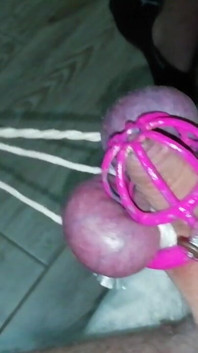 Sissy in Chastity CBT Balls Tied and Stretched Until They Turned Purple