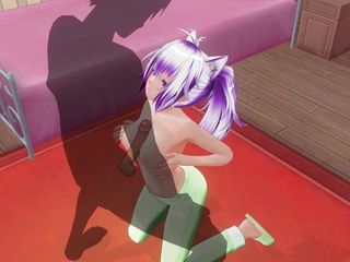 H3DC: Une petite amie en pyjama vert, hentai en 3D, caresse une...